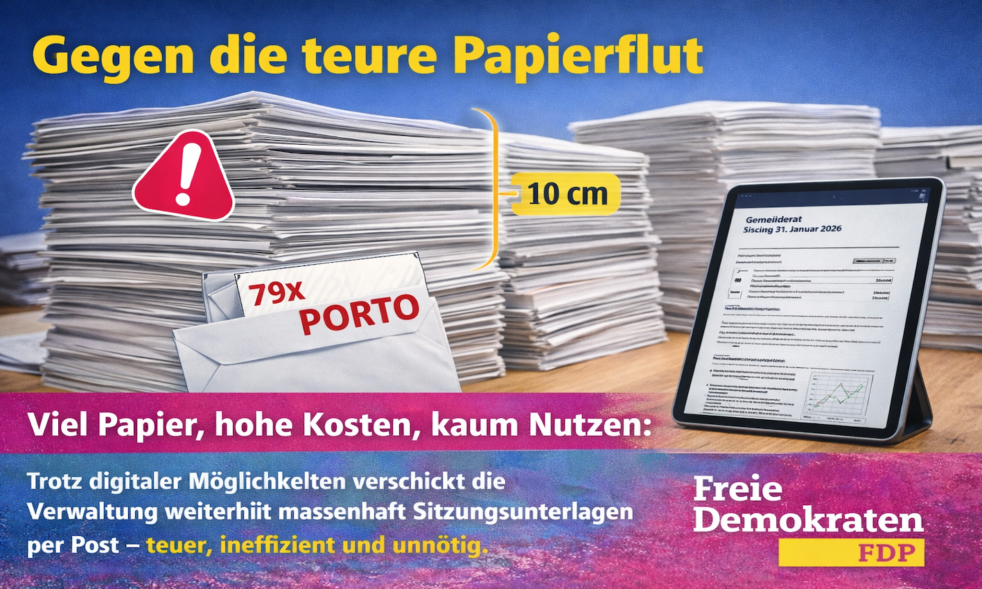 Unnötige Papiermengen und hohe Portokosten stehen digitalen Alternativen gegenüber – ein Beispiel für vermeidbare Ressourcenverschwendung.
